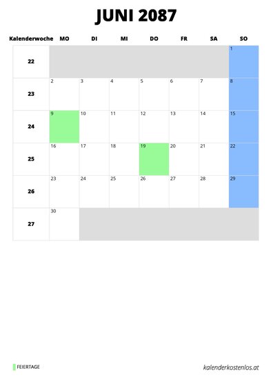 Kalender Juni 2087 Kalender Juni 2087 im Hochformat