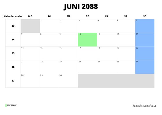 Kalender Juni 2088 im Querformat