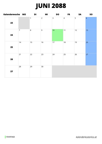 Kalender Juni 2088 im Hochformat