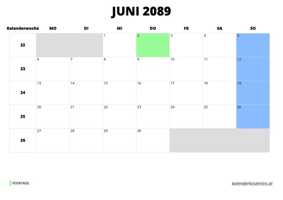 Kalender Juni 2089 Kalender Juni 2089 im Querformat