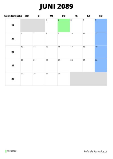Kalender Juni 2089 Kalender Juni 2089 im Hochformat