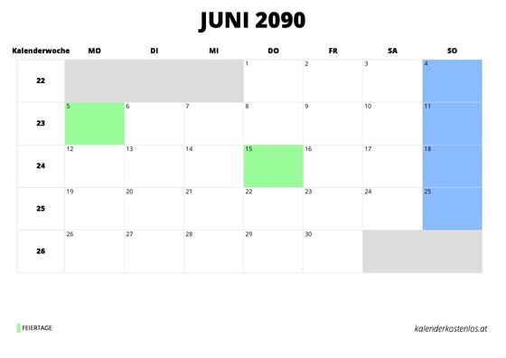 Kalender Juni 2090 Kalender Juni 2090 im Querformat