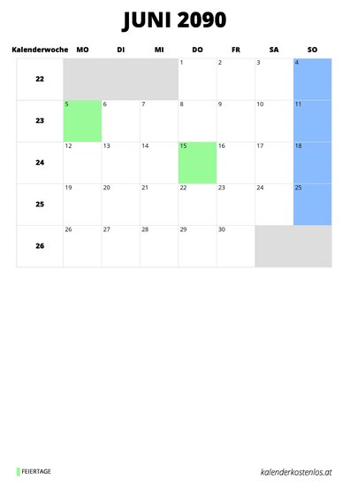 Kalender Juni 2090 Kalender Juni 2090 im Hochformat