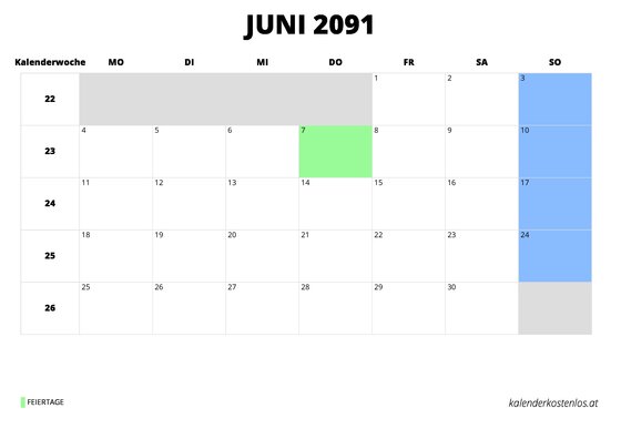 Kalender Juni 2091 Kalender Juni 2091 im Querformat