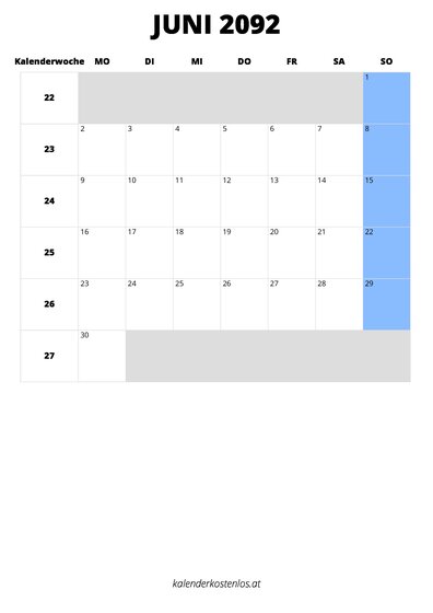 Kalender Juni 2092 im Hochformat