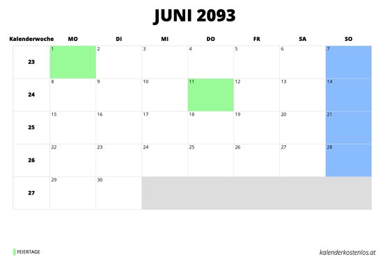 Kalender Juni 2093 Kalender Juni 2093 im Querformat