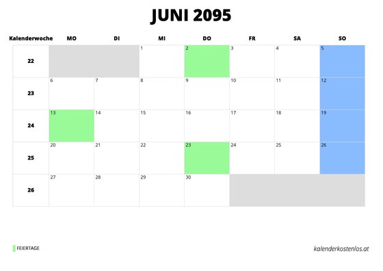 Kalender Juni 2095 im Querformat