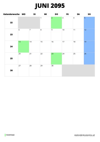 Kalender Juni 2095 im Hochformat