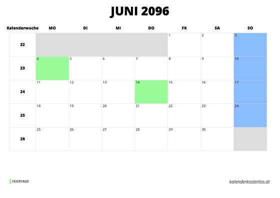 Kalender Juni 2096 Kalender Juni 2096 im Querformat