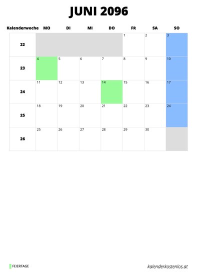 Kalender Juni 2096 Kalender Juni 2096 im Hochformat