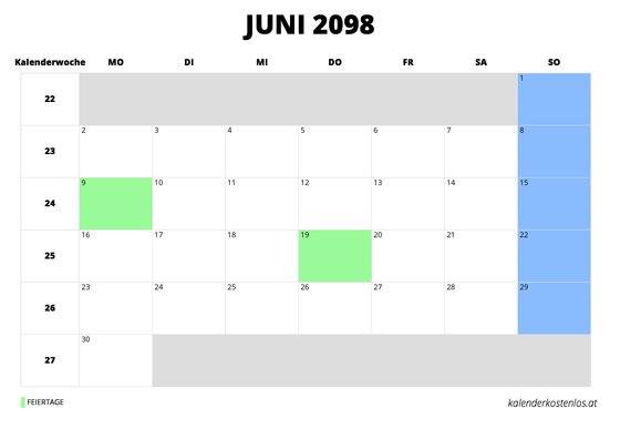 Kalender Juni 2098 im Querformat