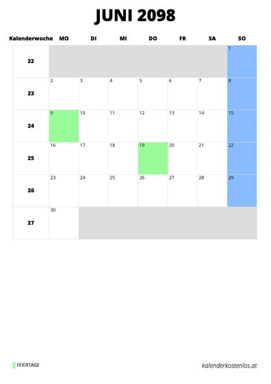 Kalender Juni 2098 im Hochformat