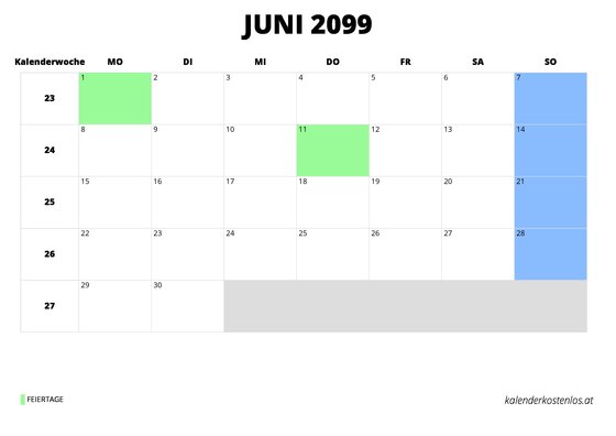 Kalender Juni 2099 im Querformat
