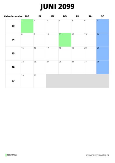 Kalender Juni 2099 im Hochformat