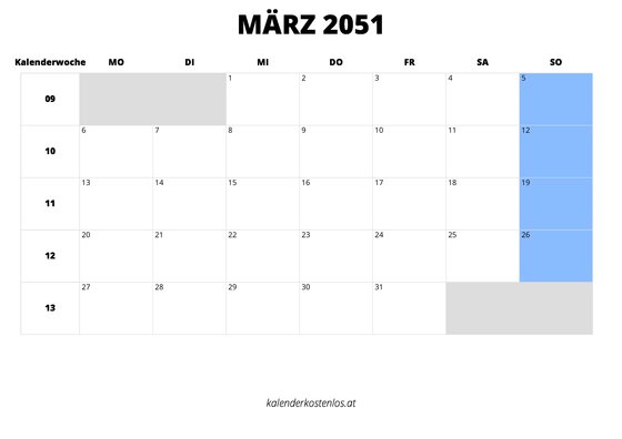 Kalender März 2051 Kalender März 2051 im Querformat
