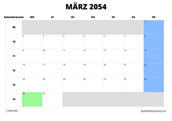 Kalender März 2054 im Querformat