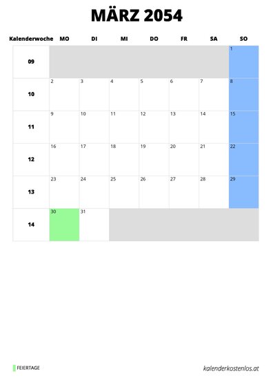 Kalender März 2054 im Hochformat