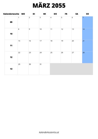 Kalender März 2055 im Hochformat