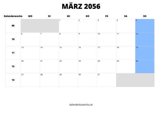 Kalender März 2056 im Querformat