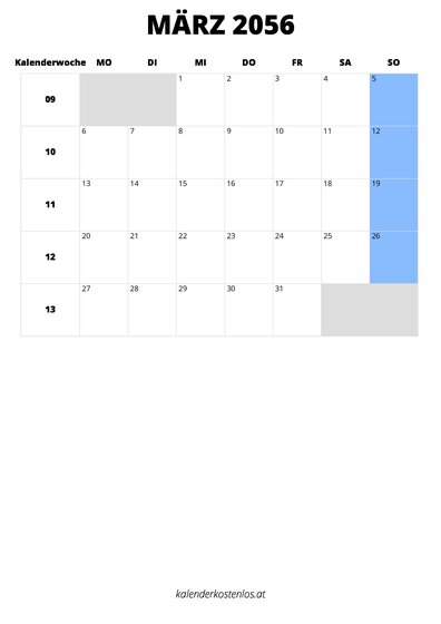 Kalender März 2056 im Hochformat