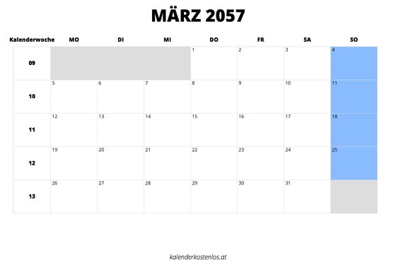 Kalender März 2057 Kalender März 2057 im Querformat