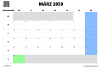 Kalender März 2059 im Querformat