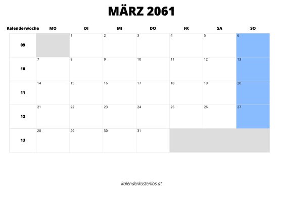 Kalender März 2061 im Querformat
