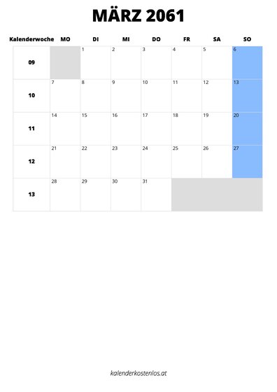 Kalender März 2061 im Hochformat