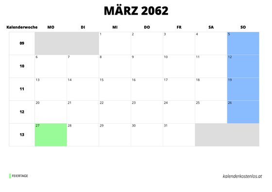 Kalender März 2062 im Querformat