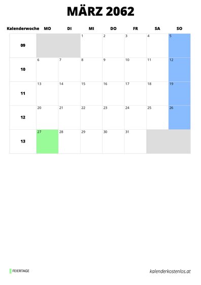 Kalender März 2062 im Hochformat