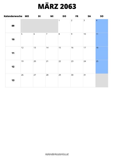 Kalender März 2063 im Hochformat