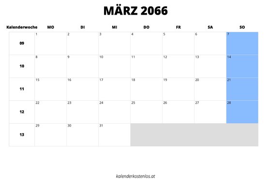 Kalender März 2066 im Querformat