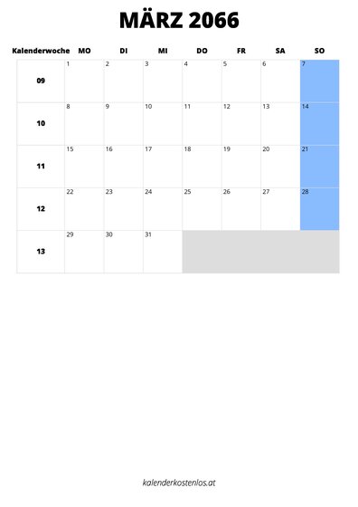 Kalender März 2066 im Hochformat