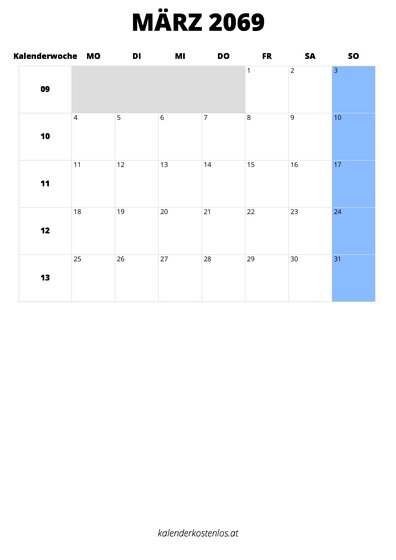 Kalender März 2069 im Hochformat