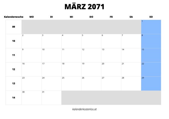 Kalender März 2071 Kalender März 2071 im Querformat