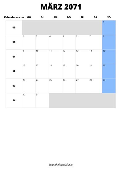 Kalender März 2071 Kalender März 2071 im Hochformat