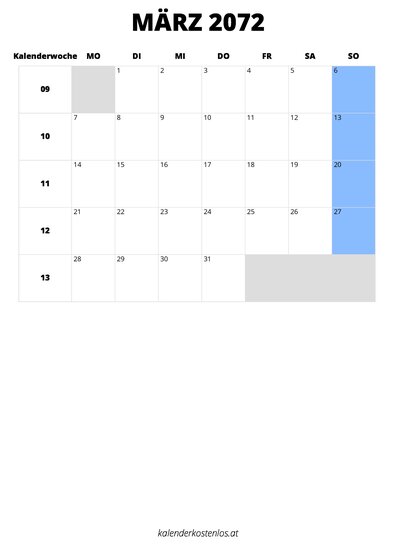 Kalender März 2072 im Hochformat