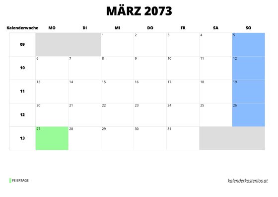 Kalender März 2073 im Querformat