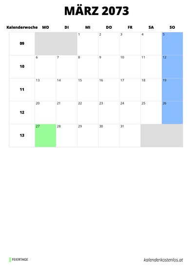 Kalender März 2073 im Hochformat