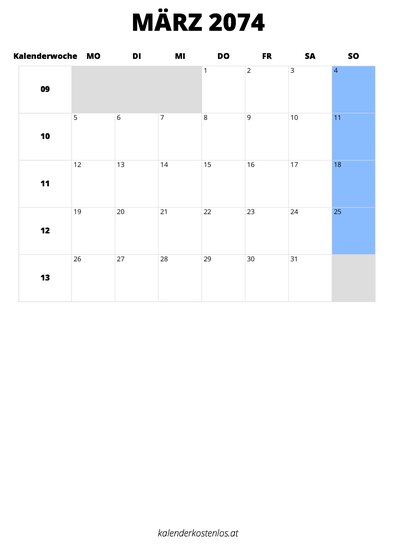 Kalender März 2074 Kalender März 2074 im Hochformat