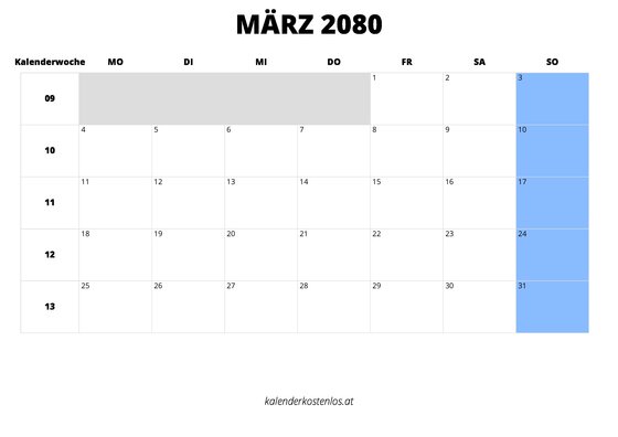 Kalender März 2080 im Querformat