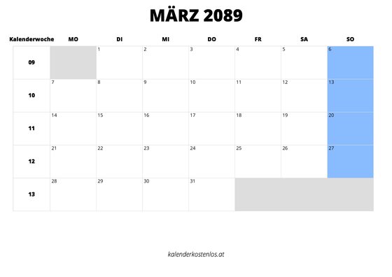 Kalender März 2089 im Querformat