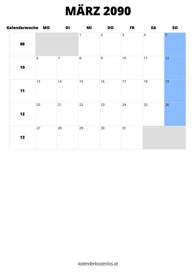 Kalender März 2090 im Hochformat