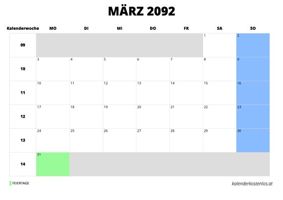 Kalender März 2092 im Querformat