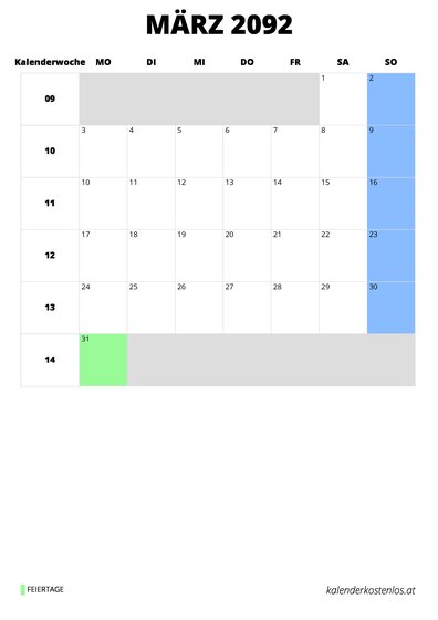 Kalender März 2092 im Hochformat