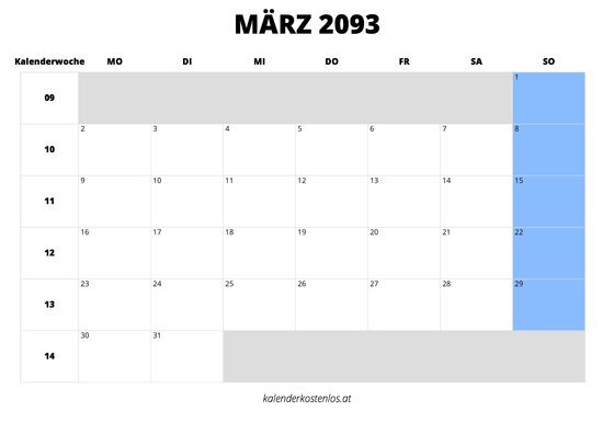 Kalender März 2093 im Querformat