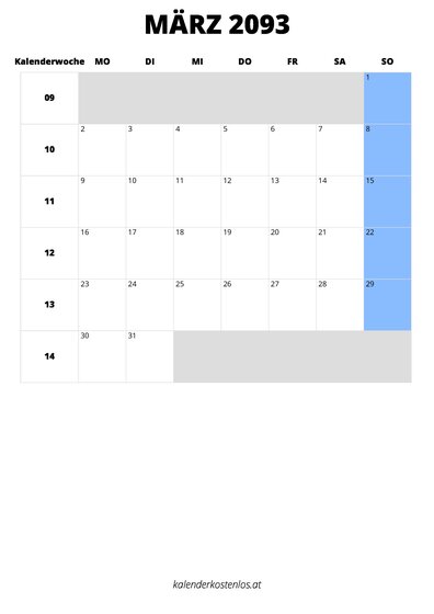Kalender März 2093 im Hochformat