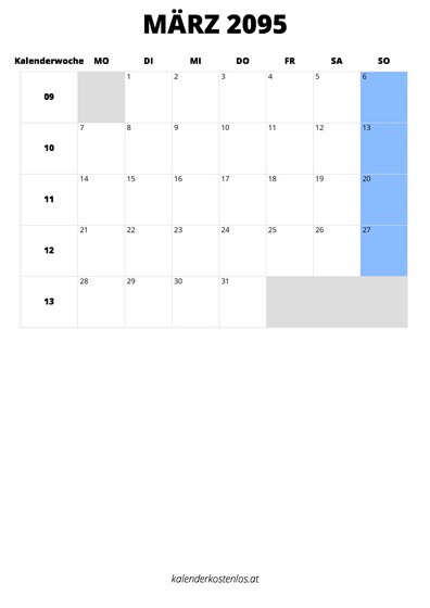 Kalender März 2095 im Hochformat