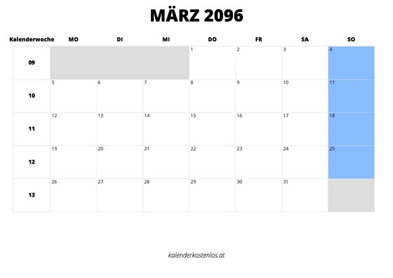 Kalender März 2096 Kalender März 2096 im Querformat