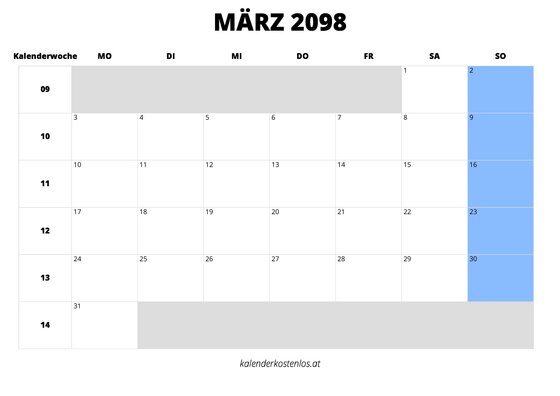 Kalender März 2098 im Querformat